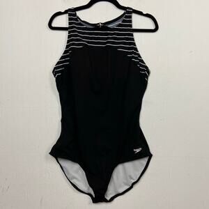 Speedo Women's Endurance+ Black Stripe High Neck One Piece Swimsuit Size 14